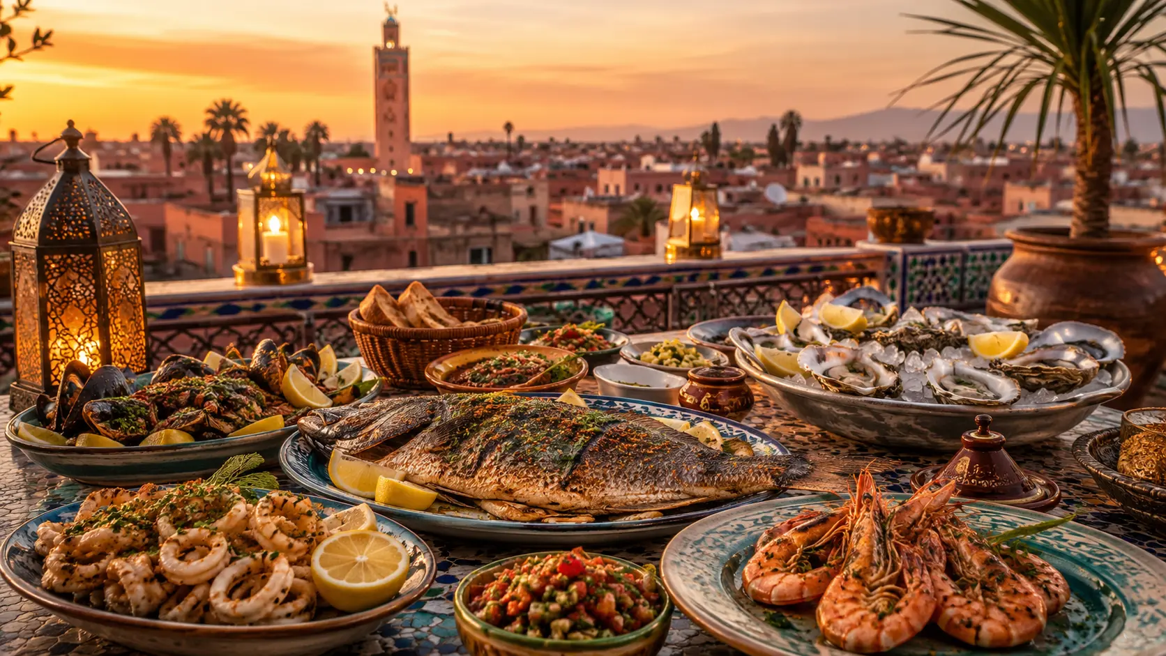 Moroccan Rooftop Seafood Feast at Sunset