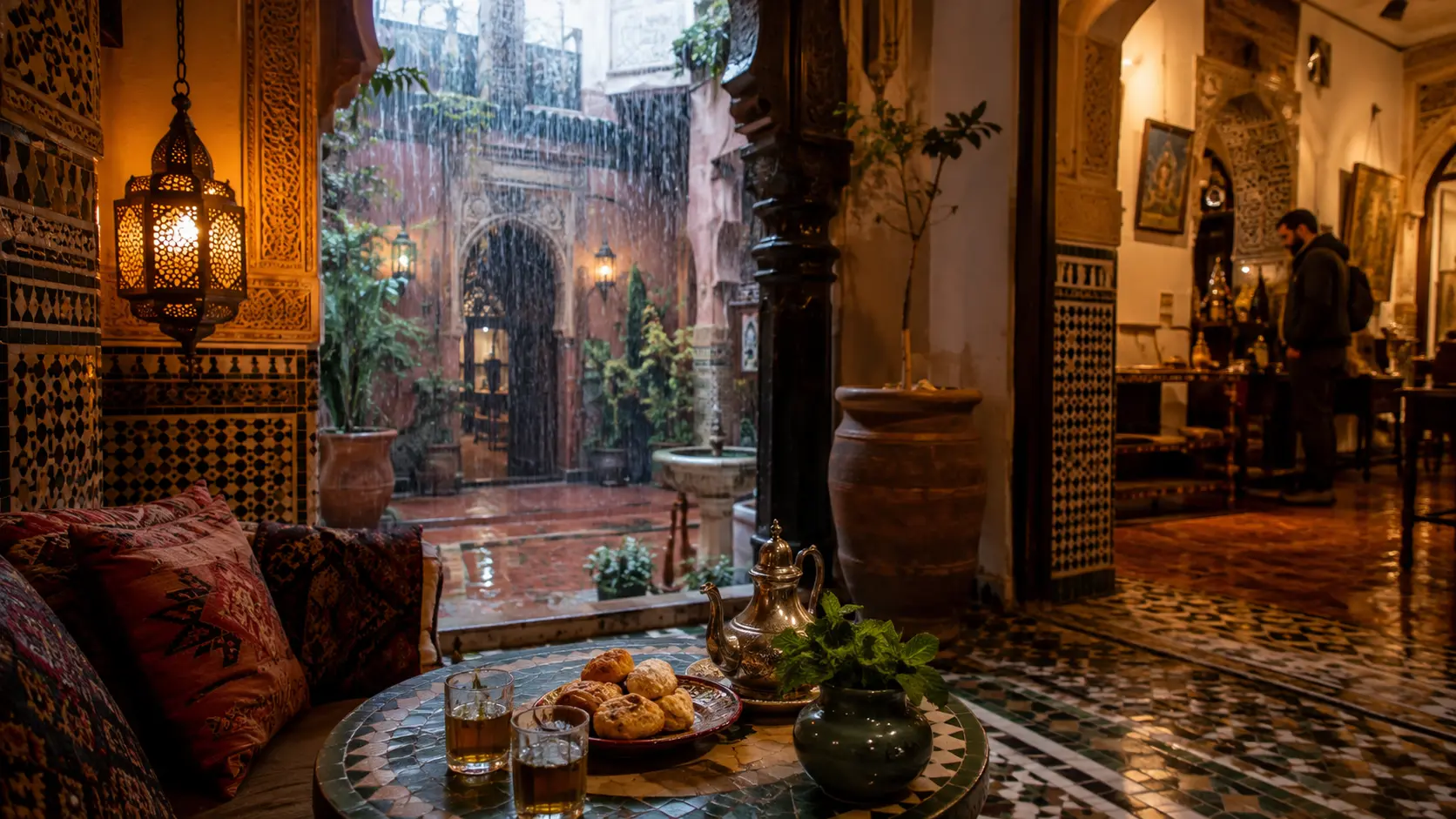 Rainy Moroccan Riad Tea Courtyard