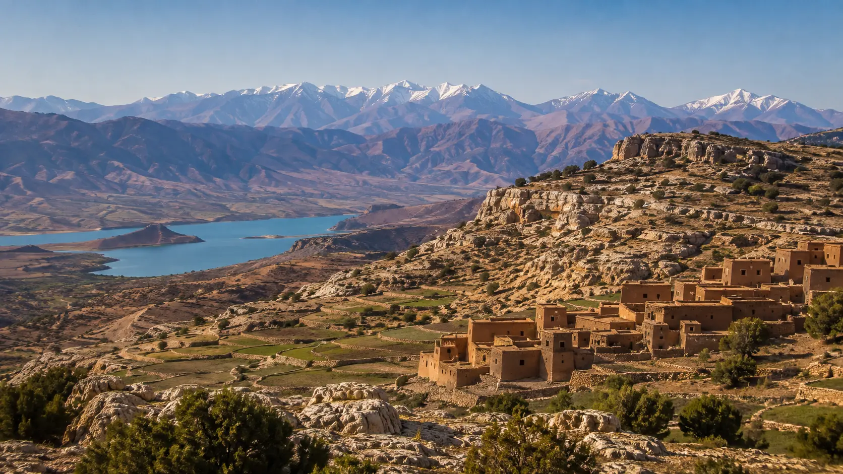 Village Overlooking Snowy Lake Mountains
