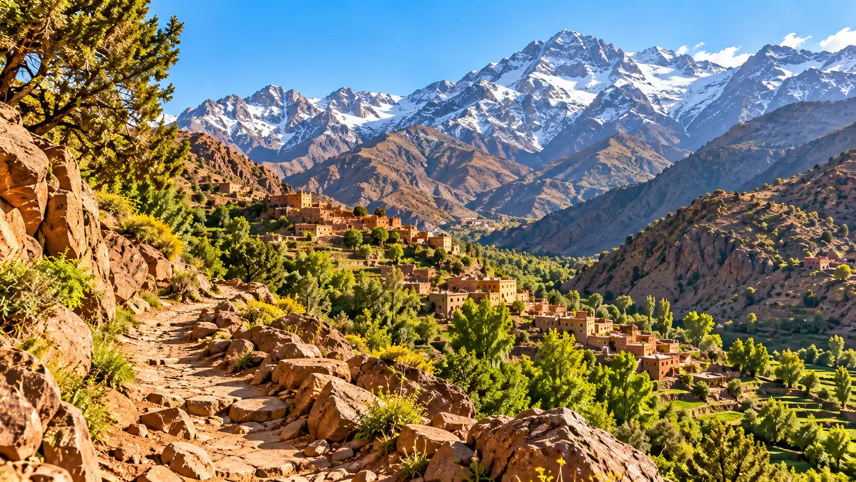 Snowy Peaks Above a Green Mountain Village