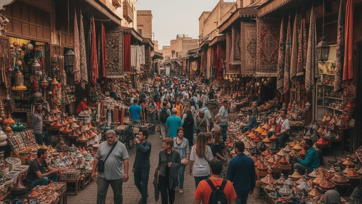 A bustling street in Marrakech filled with colorful market stalls and tourists exploring the area